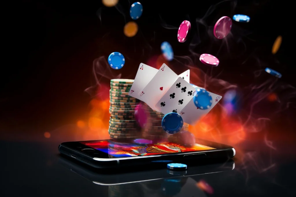 Older-style smartphone on a dark reflective surface with playing cards and poker chips bursting from the screen, orange glow and smoke—illustrating mobile casino play on legacy Android hardware.
