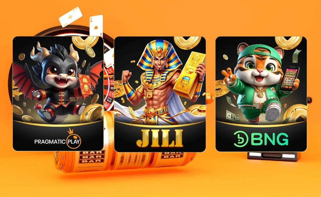 Promotional banner with three slot provider cards—Pragmatic Play dragon with angpao, JILI pharaoh with gold bar, BNG tiger with jackpot phone—on an orange background with slot machine, roulette, cards, and coins.