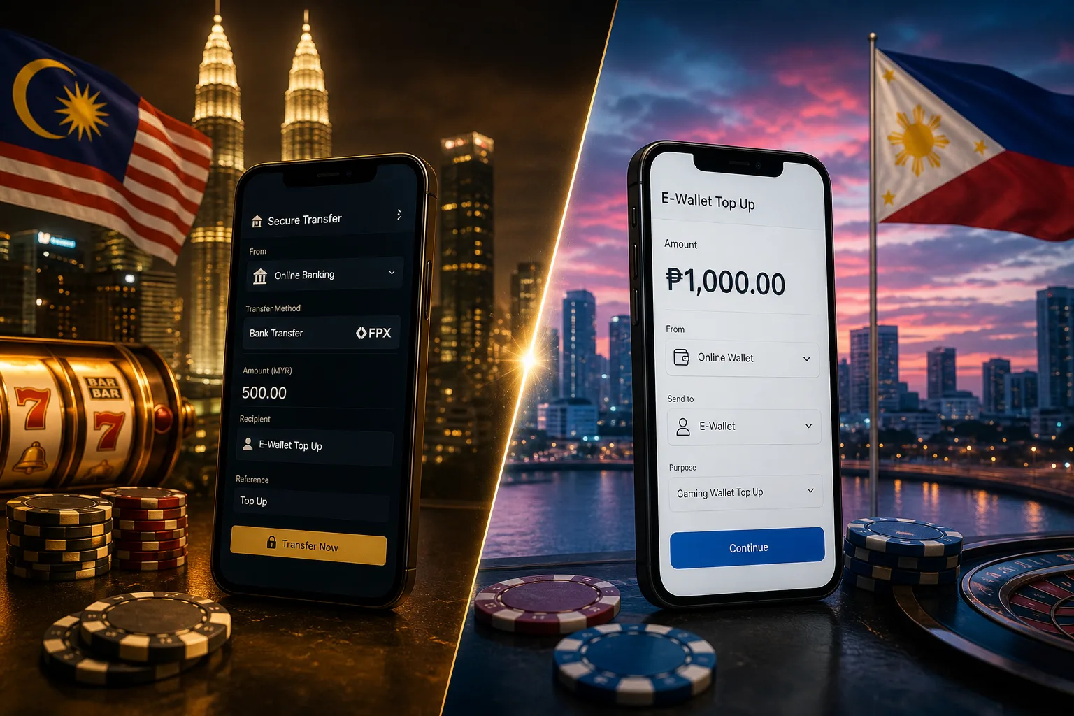Split scene of Malaysia and Philippines mobile wallet top-ups beside soft-focus casino chips, illustrating FPX versus GCash casino deposits.