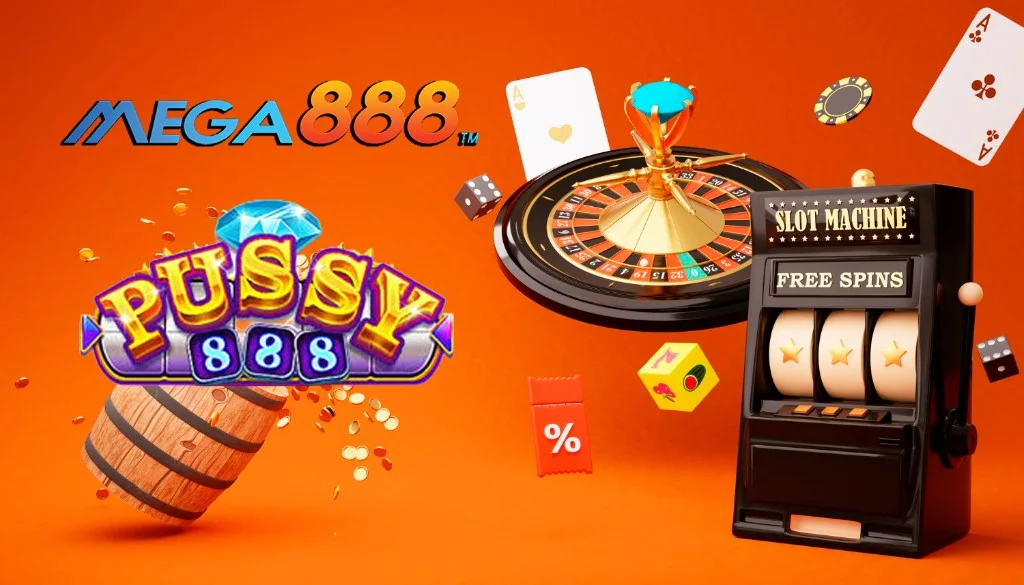 Promotional banner for Mega888 and Pussy888 online slots featuring a 3D slot machine, roulette wheel, playing cards, and gold coins on a vibrant orange background.